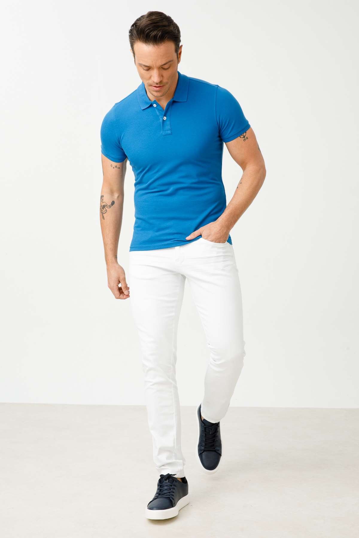 Saks Modern Fit Dar Kalıp Polo Yaka Düz Kısa Kollu Pamuklu Tişört