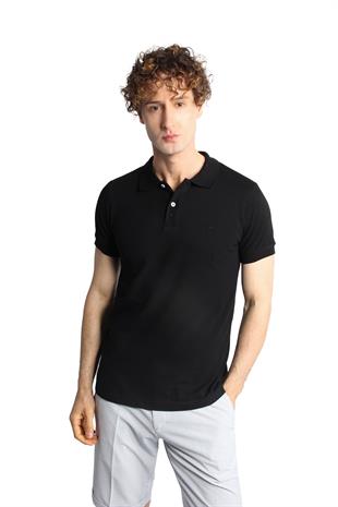 Siyah Modern Fit Dar Kalıp Polo Yaka Düz Kısa Kollu  %100 Pamuk Tişört