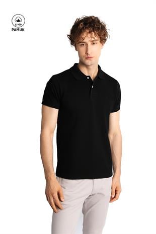 Siyah Modern Fit Dar Kalıp Polo Yaka Düz Kısa Kollu  %100 Pamuk Tişört