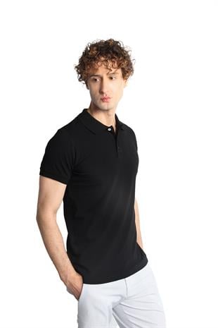 Siyah Modern Fit Dar Kalıp Polo Yaka Düz Kısa Kollu  %100 Pamuk Tişört