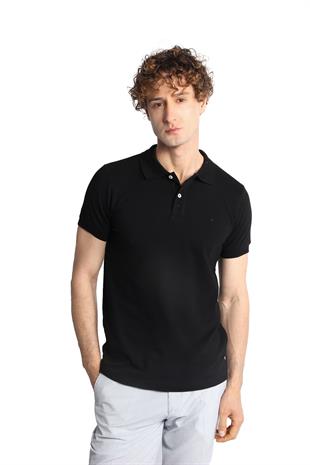 Siyah Modern Fit Dar Kalıp Polo Yaka Düz Kısa Kollu  %100 Pamuk Tişört