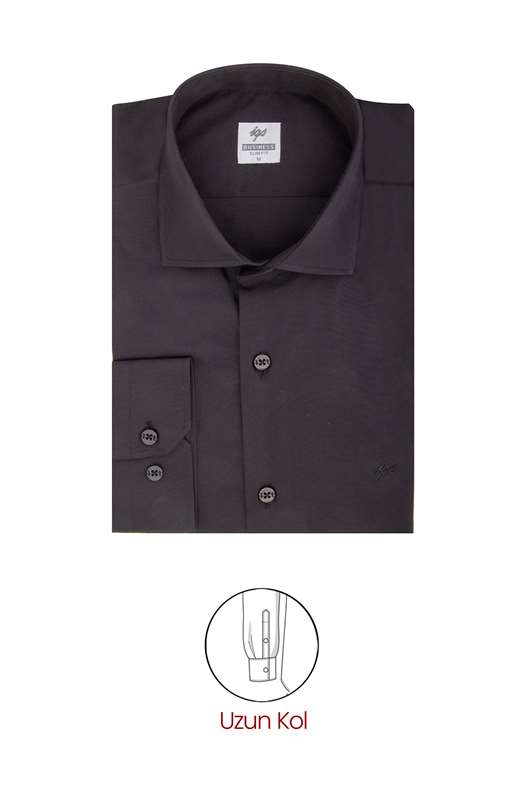Siyah Slim Fit Dar Kalıp Klasik Yaka Düz Uzun Kollu Cepsiz Pamuklu Gömlek