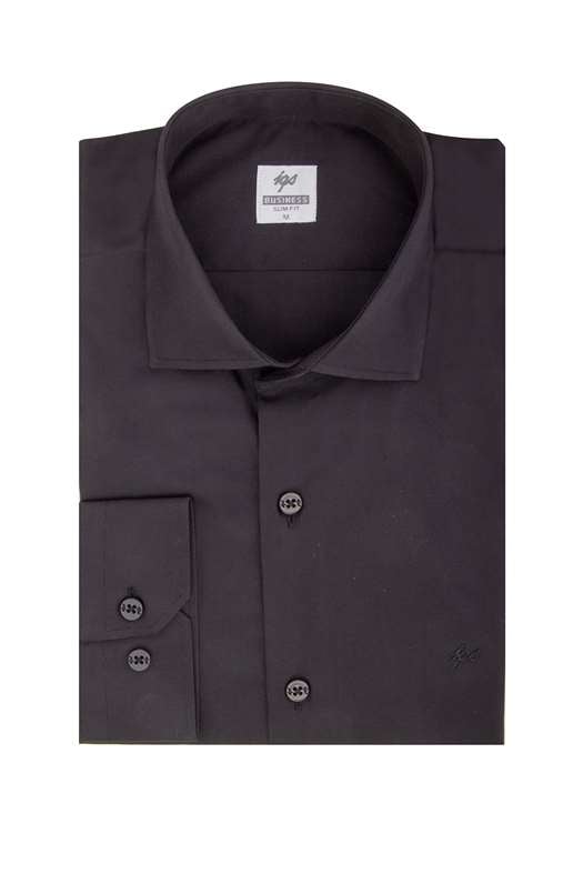 Siyah Slim Fit Dar Kalıp Klasik Yaka Düz Uzun Kollu Cepsiz Pamuklu Gömlek