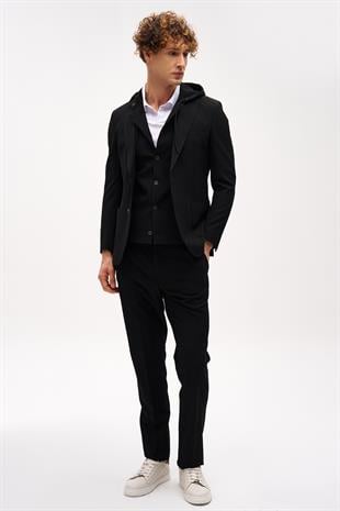 Erkek Siyah Slim Fit / Dar Kalıp Mono Yaka Kombinli Takım Elbise