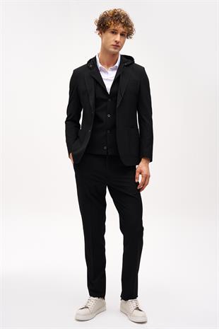 Erkek Siyah Slim Fit / Dar Kalıp Mono Yaka Kombinli Takım Elbise