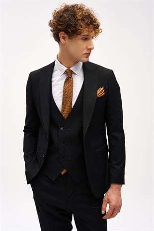 Erkek Siyah Slim Fit / Dar Kalıp Sivri Yaka Yelekli Takım Elbise