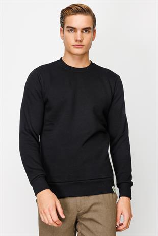 Erkek Siyah  Bisiklet Yaka Sweatshirt