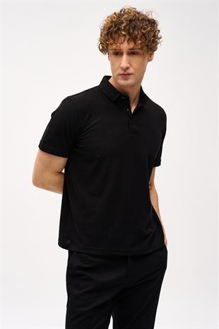 Erkek Siyah Slim Fit Dar Kalıp Fermuarlı Polo Yaka Desenli Kısa Kollu Tişört