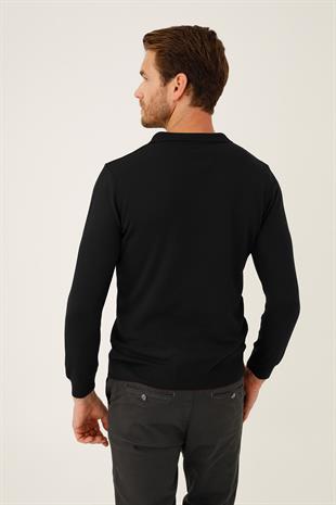 Siyah Standart Fit Dar Kalıp Polo Yaka Düz Uzun Kollu  Triko