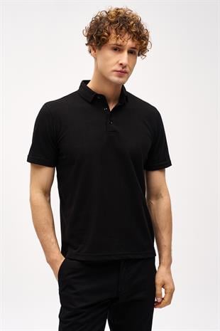 Erkek Siyah Slim Fit Dar Kalıp Fermuarlı Polo Yaka Desenli Kısa Kollu Tişört