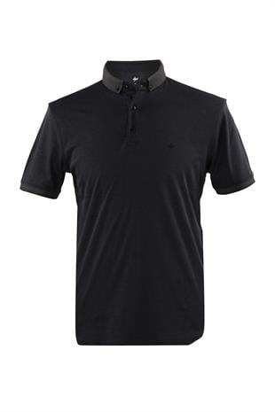 Siyah Slim Fit Dar Kalıp Düğmeli Polo Yaka Düz Kısa Kollu Pamuklu Tişört