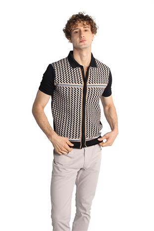 Siyah Slim Fit Dar Kalıp Düğmeli Polo Yaka Desenli Kısa Kollu Triko Tişört