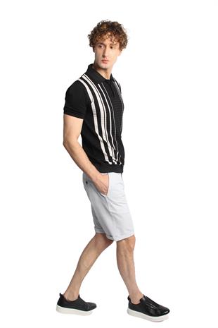 Siyah Slim Fit Dar Kalıp Düğmeli Polo Yaka Desenli Kısa Kollu Triko Tişört