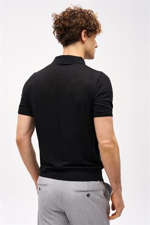 Siyah Slim Fit Dar Kalıp Polo Yaka Düz Kısa Kollu Triko Tişört