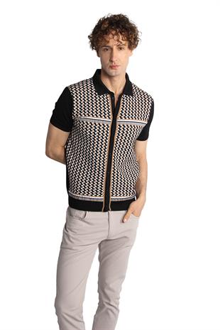 Siyah Slim Fit Dar Kalıp Düğmeli Polo Yaka Desenli Kısa Kollu Triko Tişört