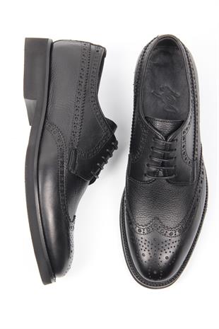 Siyah Deri Klasik Erkek Ayakkabı Brogue Detaylı Bağcıklı Model
