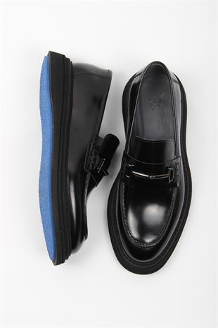 Siyah Tokalı Loafer Erkek Ayakkabı Parlak Yüzey Kalın Taban Model
