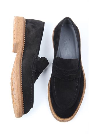 Siyah Süet Görünümlü Loafer Erkek Ayakkabı Kalın Taban Günlük Model