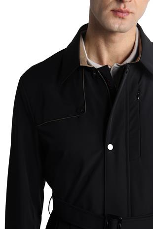 Siyah Regular Fit Standart Kalıp Gömlek Yaka Polyester Trenç