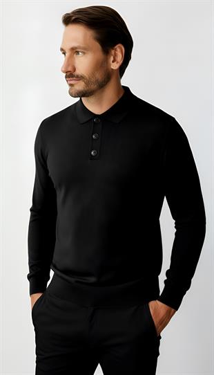 Siyah Standart Fit Dar Kalıp Polo Yaka Düz Uzun Kollu  Triko