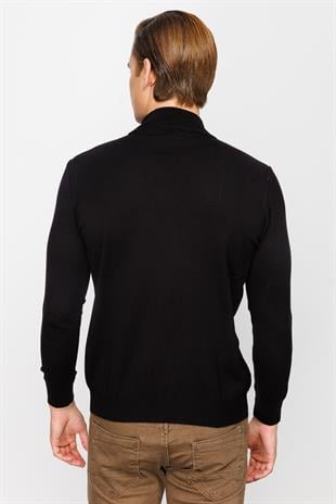 Siyah Standart Fit Dar Kalıp Yarım Balıkçı Düz Uzun Kollu  Triko