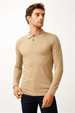Erkek Taba  Polo Yaka Düğmeli Sweatshirt