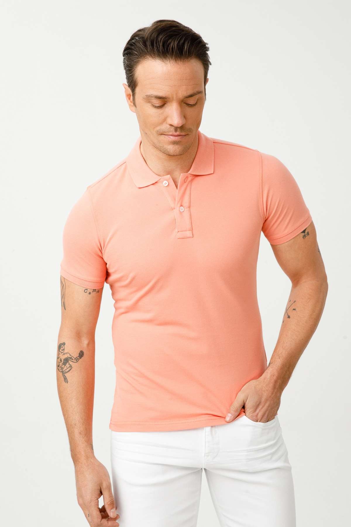 Yavruağzı Modern Fit Dar Kalıp Polo Yaka Düz Kısa Kollu Pamuklu Tişört