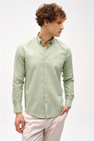 Yeşil Dynamic Fit  Düğmeli Yaka Düz Uzun Kollu Cepsiz Pamuklu Gömlek