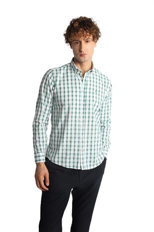 Yeşil Dynamic Fit  Düğmeli Yaka Ekose Uzun Kollu Cepsiz %100 Pamuk Gömlek