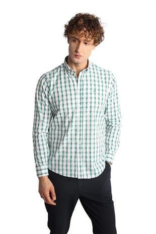 Yeşil Dynamic Fit  Düğmeli Yaka Ekose Uzun Kollu Cepsiz %100 Pamuk Gömlek