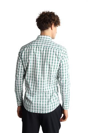 Yeşil Dynamic Fit  Düğmeli Yaka Ekose Uzun Kollu Cepsiz %100 Pamuk Gömlek