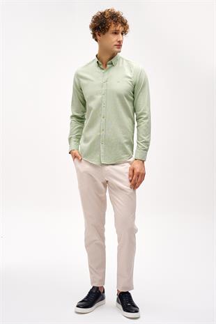 Yeşil Dynamic Fit  Düğmeli Yaka Düz Uzun Kollu Cepsiz Pamuklu Gömlek