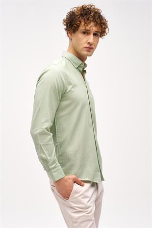 Yeşil Dynamic Fit  Düğmeli Yaka Düz Uzun Kollu Cepsiz Pamuklu Gömlek