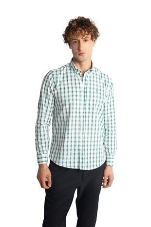 Yeşil Dynamic Fit  Düğmeli Yaka Ekose Uzun Kollu Cepsiz %100 Pamuk Gömlek