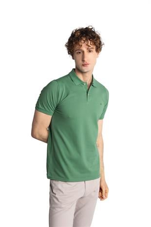 Yeşil Modern Fit Dar Kalıp Polo Yaka Düz Kısa Kollu  %100 Pamuk Tişört