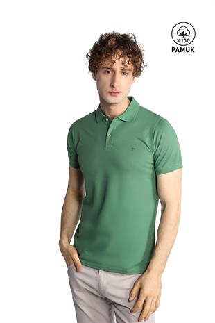 Yeşil Modern Fit Dar Kalıp Polo Yaka Düz Kısa Kollu  %100 Pamuk Tişört