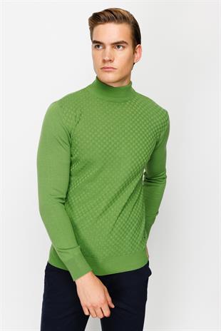 Yeşil Standart Fit Dar Kalıp Yarım Balıkçı Düz Uzun Kollu  Triko