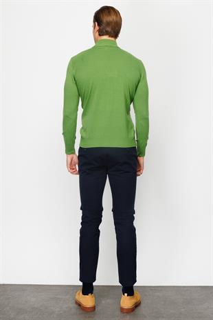 Yeşil Standart Fit Dar Kalıp Yarım Balıkçı Düz Uzun Kollu  Triko