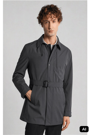 Gri Regular Fit Standart Kalıp Gömlek Yaka Polyester Trenç