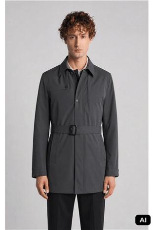 Gri Regular Fit Standart Kalıp Gömlek Yaka Polyester Trenç