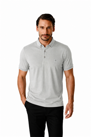 Gri Slim Fit Dar Kalıp Düğmeli Polo Yaka Düz Kısa Kollu Pamuklu Tişört