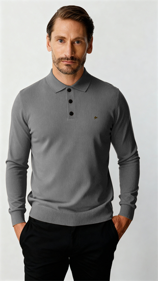 Gri Standart Fit Dar Kalıp Polo Yaka Düz Uzun Kollu  Rayon Triko