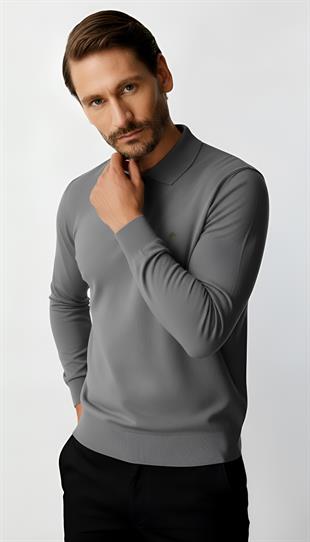 Gri Standart Fit Dar Kalıp Polo Yaka Düz Uzun Kollu  Rayon Triko