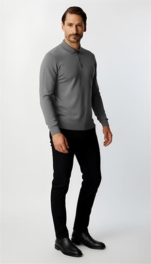 Gri Standart Fit Dar Kalıp Polo Yaka Düz Uzun Kollu  Rayon Triko