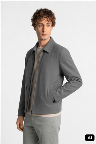 Gri Standart Kalıp Klasik Yaka Fermuarlı Polyester Mont