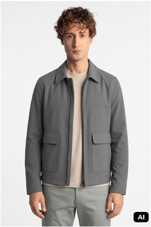 Gri Standart Kalıp Klasik Yaka Fermuarlı Polyester Mont