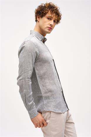 Haki Dynamic Fit Düğmeli Yaka Düz Uzun Kollu Cepsiz %100 Keten Gömlek