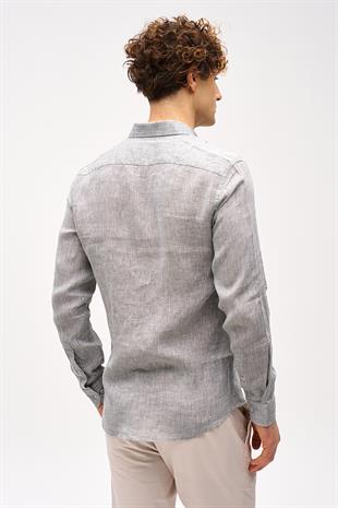 Haki Dynamic Fit Düğmeli Yaka Düz Uzun Kollu Cepsiz %100 Keten Gömlek