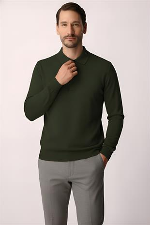 Haki Standart Fit Dar Kalıp Polo Yaka Düz Uzun Kollu  Triko