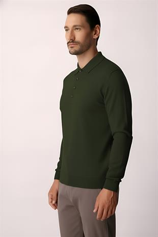 Haki Standart Fit Dar Kalıp Polo Yaka Düz Uzun Kollu  Triko